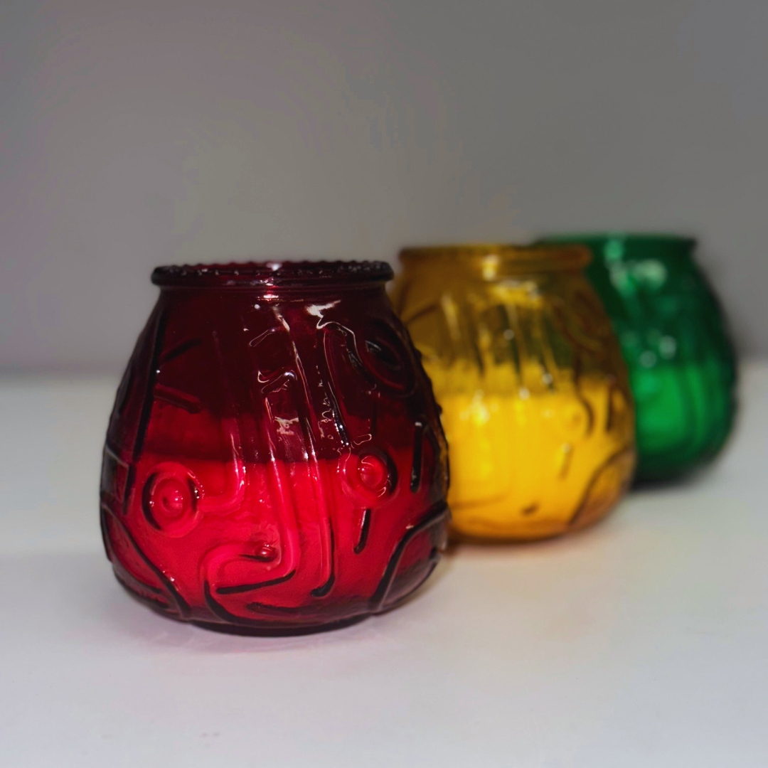 3 Pack Venetian Candles 45 Hour Glass Jar Candle (amber, green, & red)